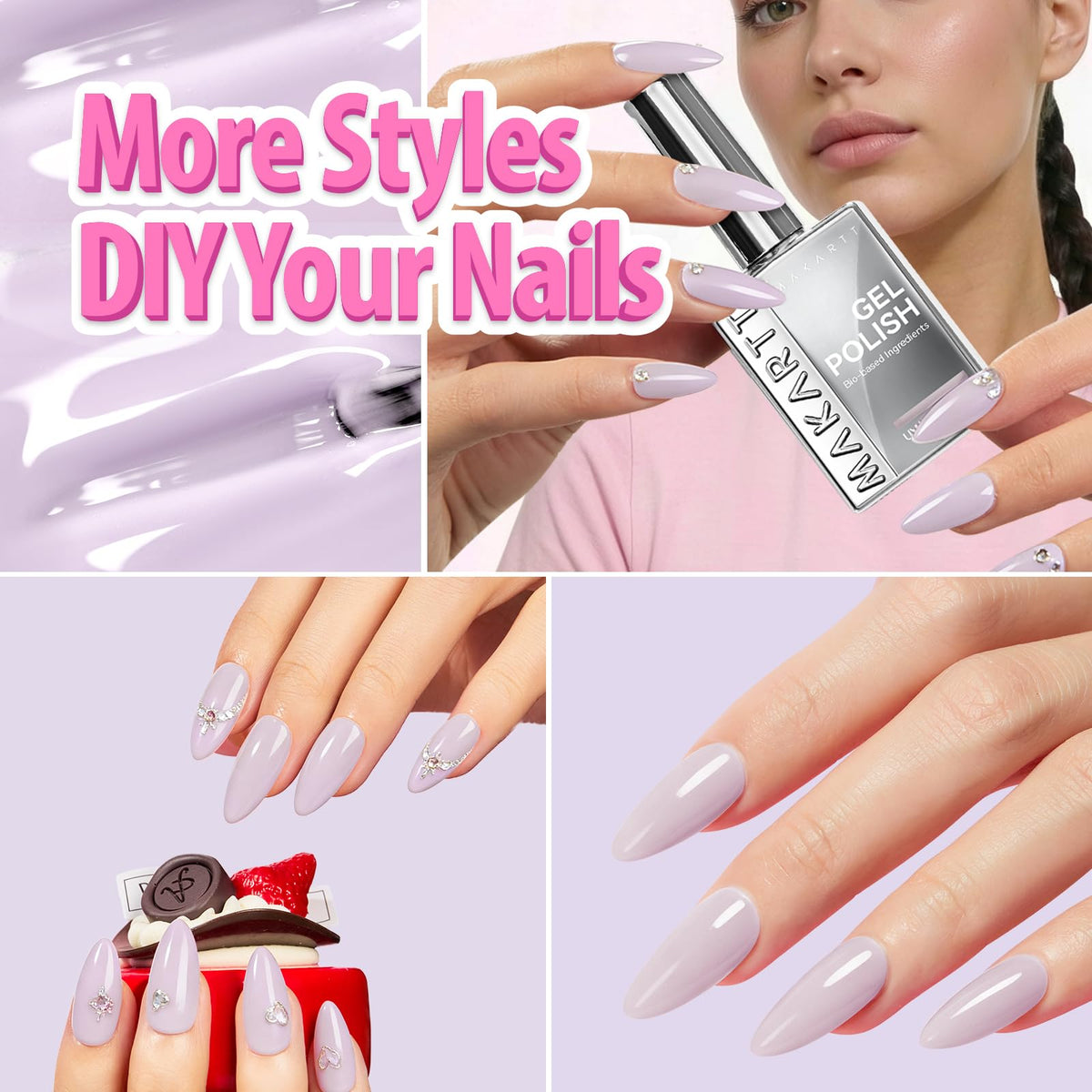 Makartt Milky Pink Gel Nail Polish in official packaging, showcasing elegant nails with various creative designs.
