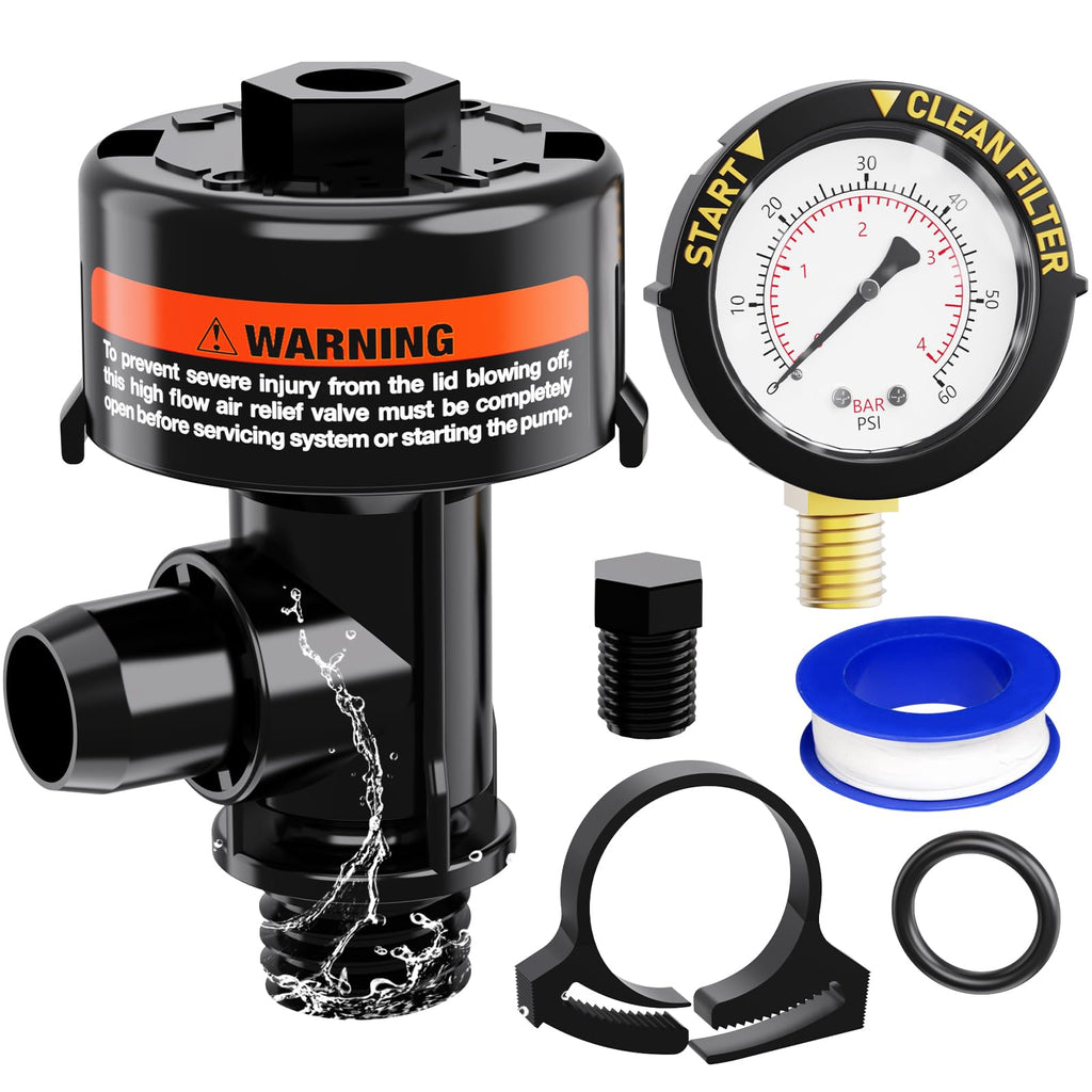 Premium imported air relief valve for pool filters, featuring pressure gauge and accessories, available at Curat Cart.