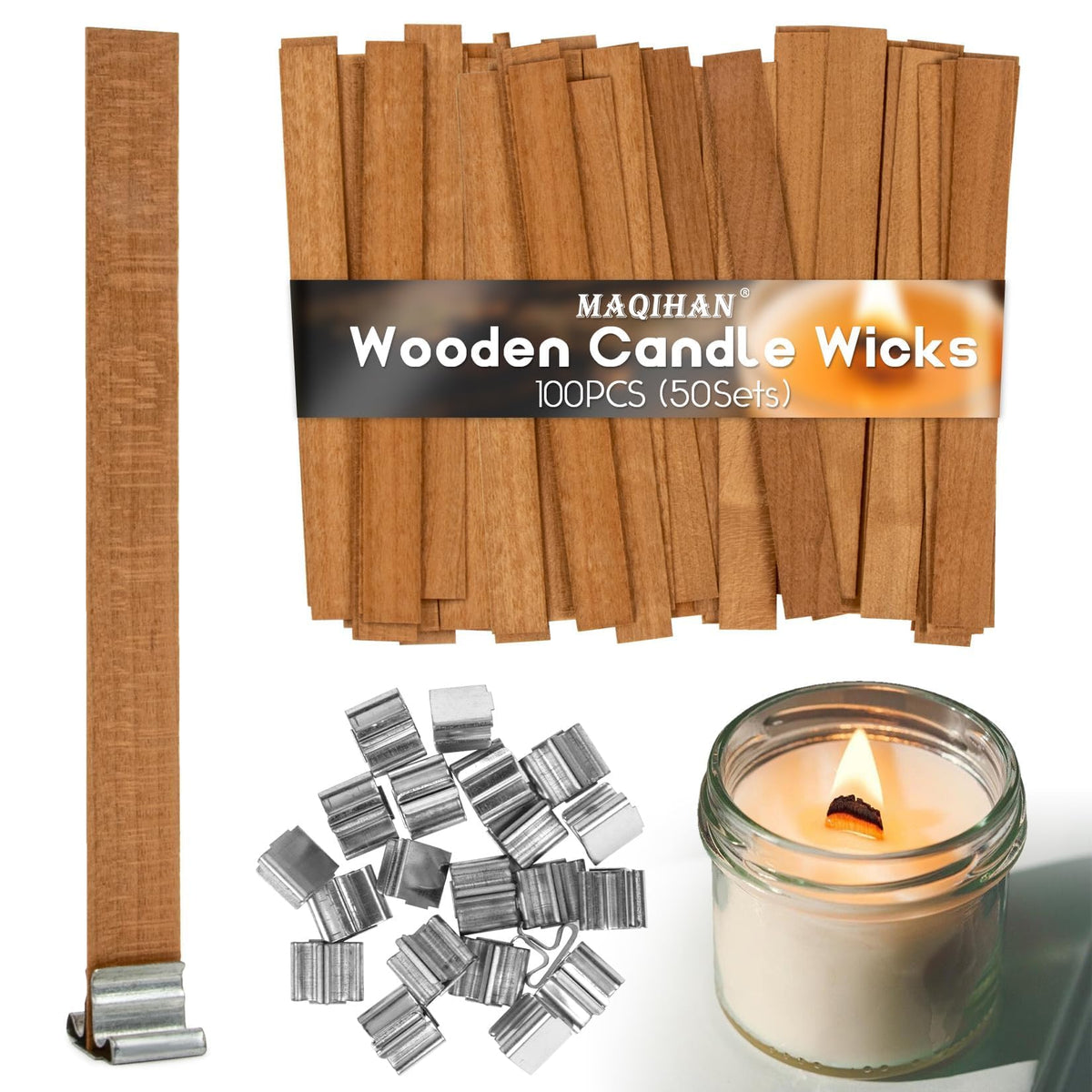Premium imported MAQIHAN Wooden Candle Wicks from Curat Cart, perfect for crafting beautiful candles. Enhance your candle-making experience.