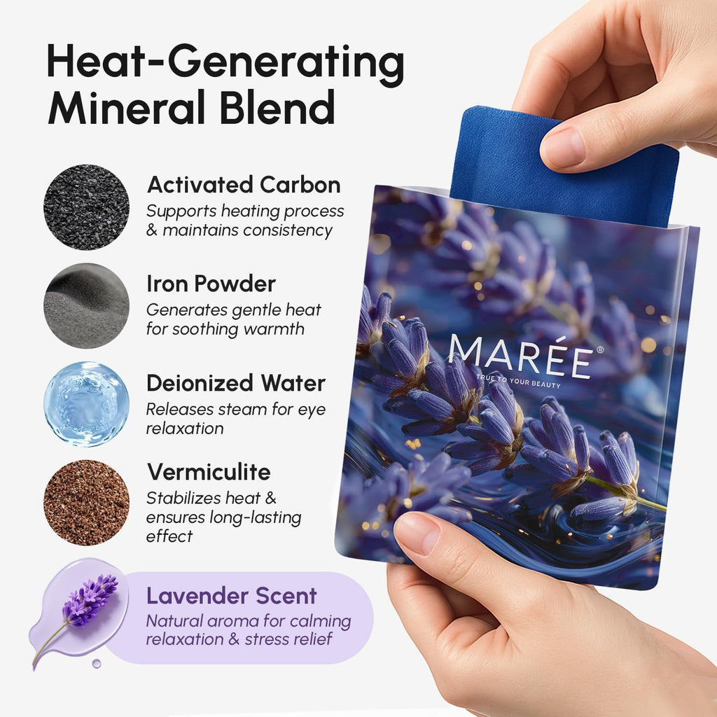 MAREE Heated Eye Masks feature a mineral blend for dry eye relief, infused with lavender for relaxation. Verified by CuratCart.