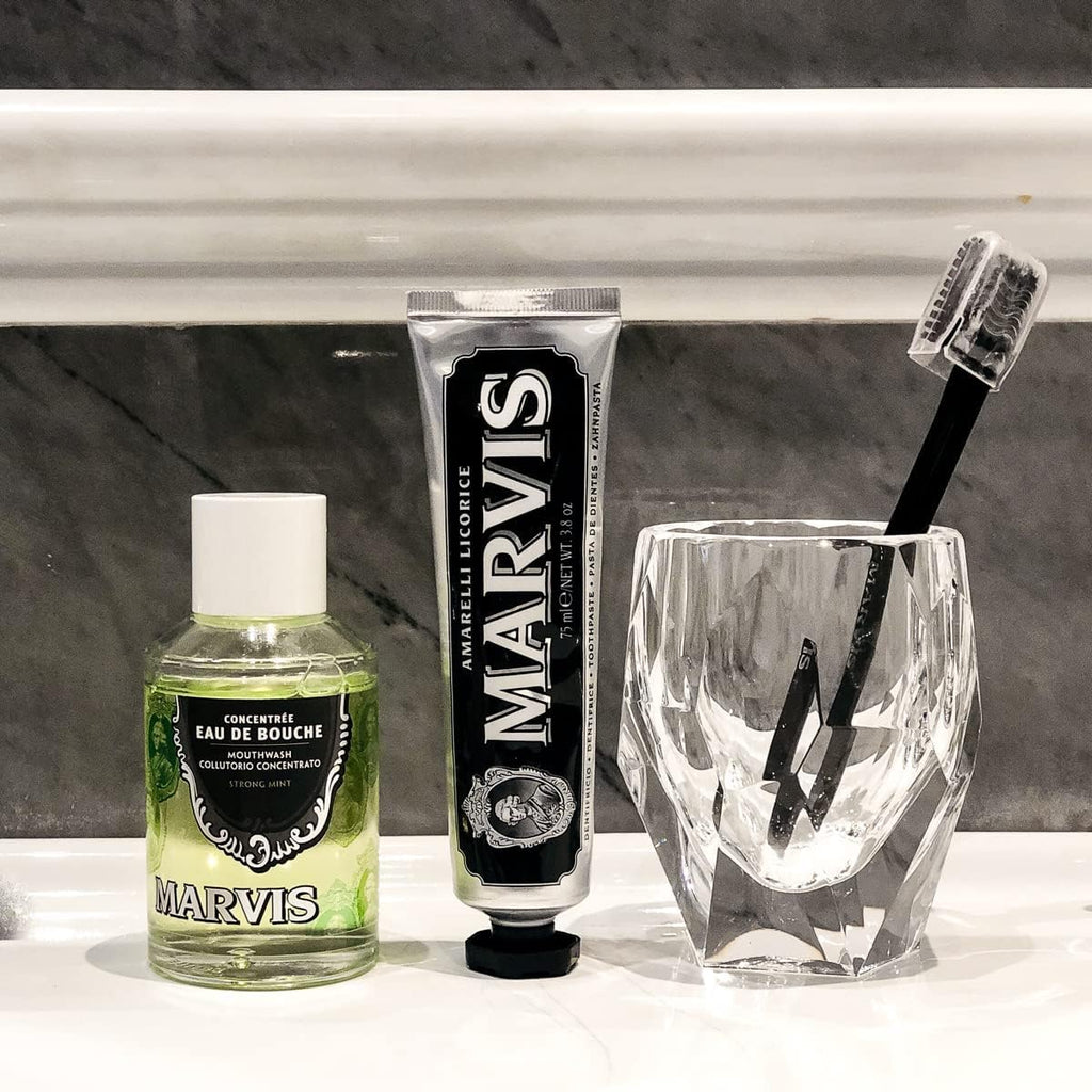 Discover the premium imported Marvis Strong Mint Mouthwash, an international favorite for fresh breath, available at Curat Cart.