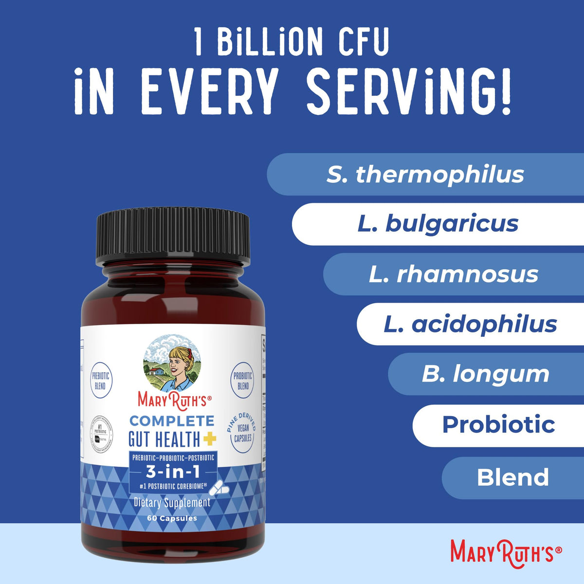 MARYRUTH'S Complete Gut Health Probiotic offers 1 billion CFU per serving. 100% Authentic, available at Curat Cart in India.