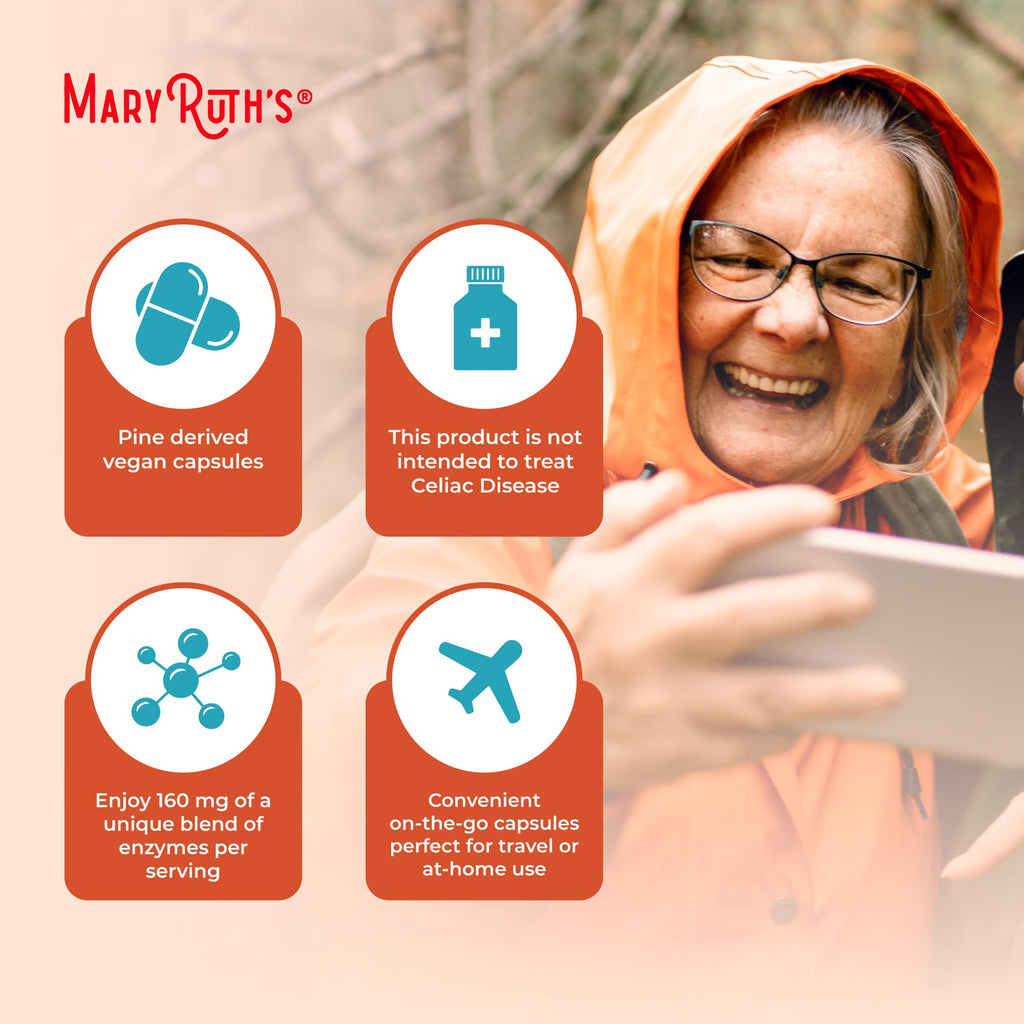 Discover MaryRuth's Gluten Digestive Enzymes, a premium import with vegan capsules for convenient travel or home use. Available at Curat Cart.