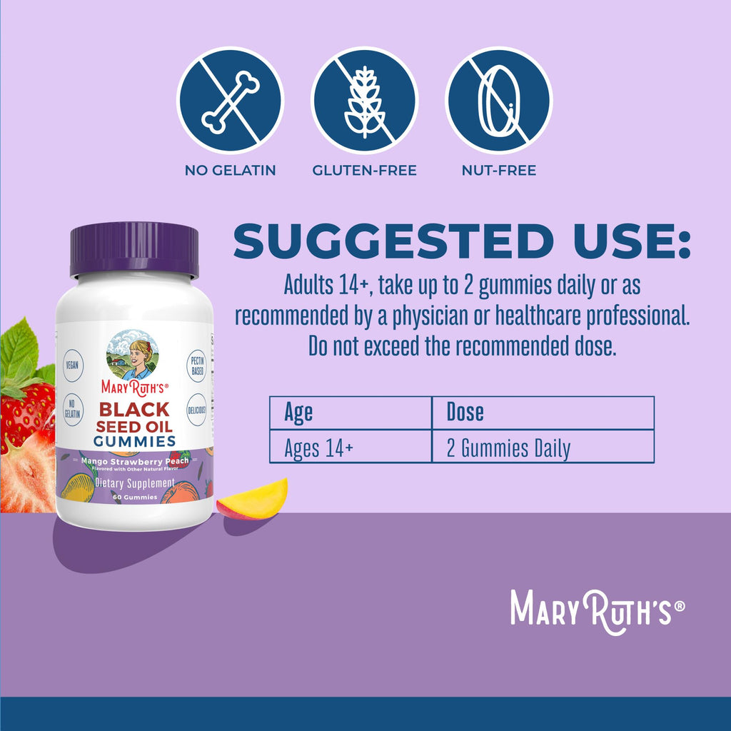 MARYRUTH'S Black Seed Oil Gummies in official packaging, offering a gluten-free, nut-free supplement option. Available at Curat Cart.