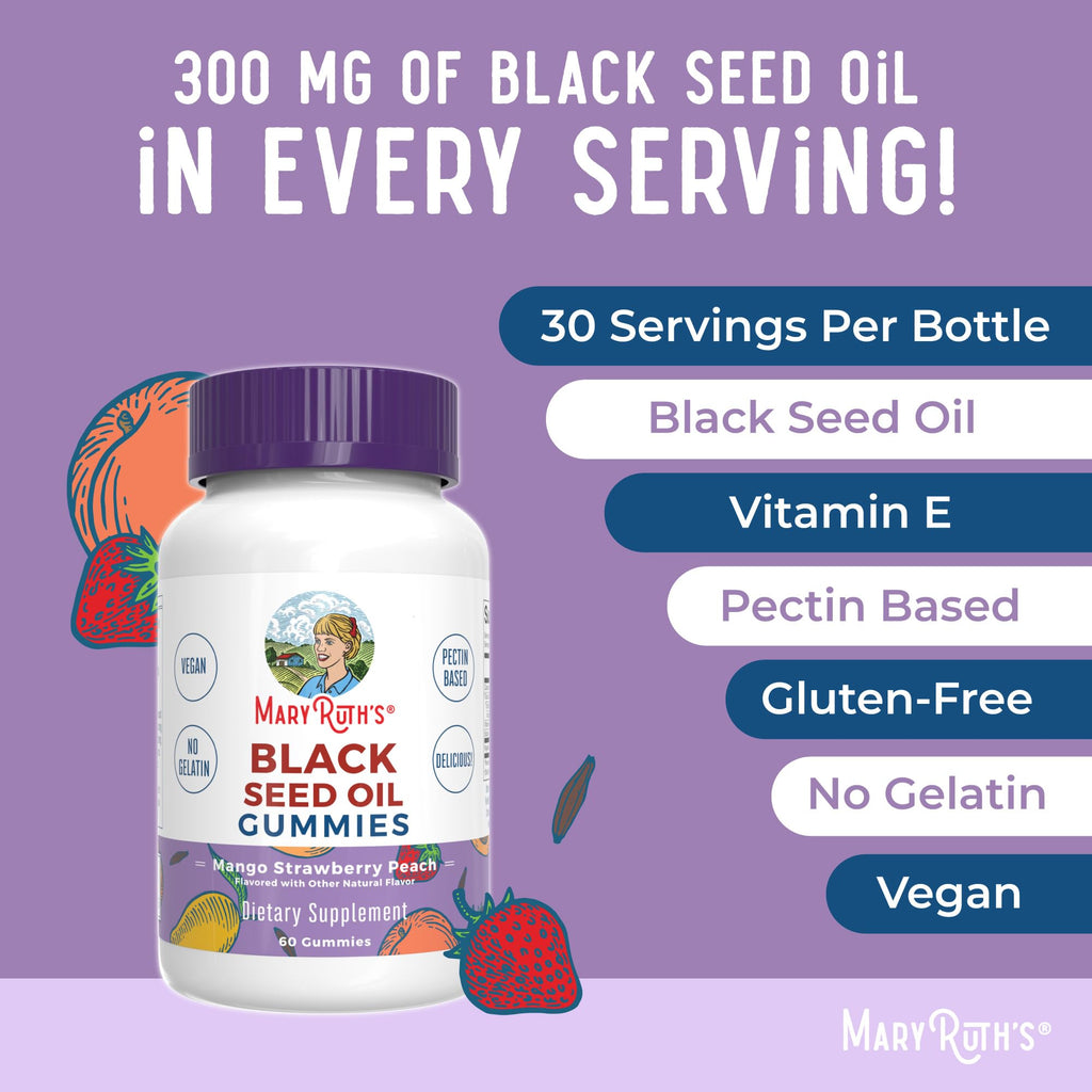MARYRUTH'S Black Seed Oil Gummies in official packaging, featuring 300 mg of black seed oil, vegan, and gluten-free. Available at Curat Cart.