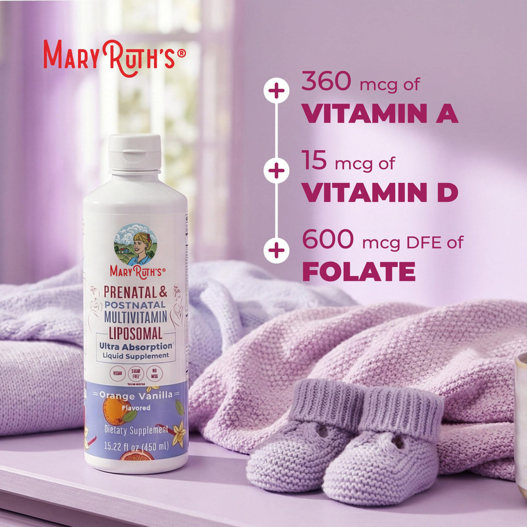 MaryRuth's Prenatal Postnatal Multivitamin offers 360 mcg of Vitamin A, 15 mcg of Vitamin D, and 600 mcg DFE of Folate. 100% Authentic, available in India at Curat Cart.