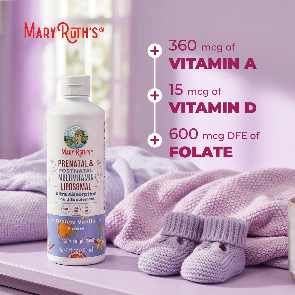 MaryRuth's Prenatal Postnatal Multivitamin offers 360 mcg of Vitamin A, 15 mcg of Vitamin D, and 600 mcg DFE of Folate. 100% Authentic, available in India at Curat Cart.