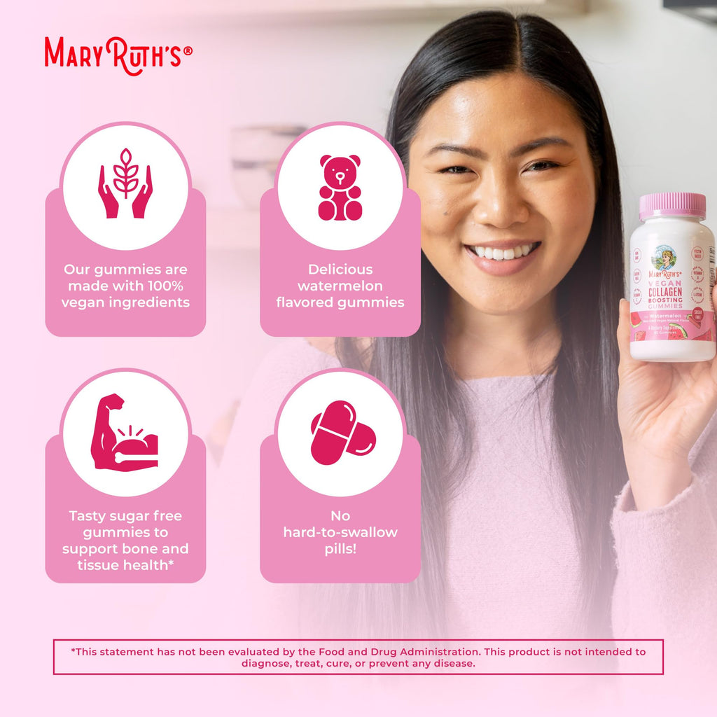 MARYRUTH'S Vegan Collagen Gummies offer a premium import, supporting bone and joint health with delicious watermelon flavor. Available at Curat Cart.