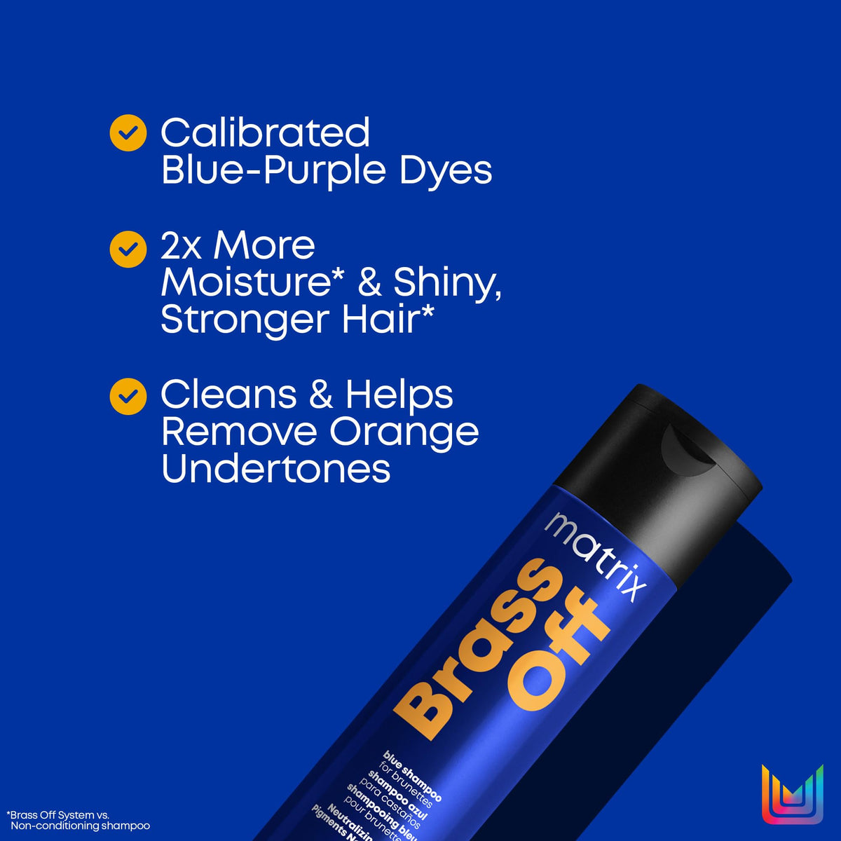 Matrix Brass Off Toning Shampoo with blue-purple dyes, enhances shine, verified by CuratCart for quality assurance.