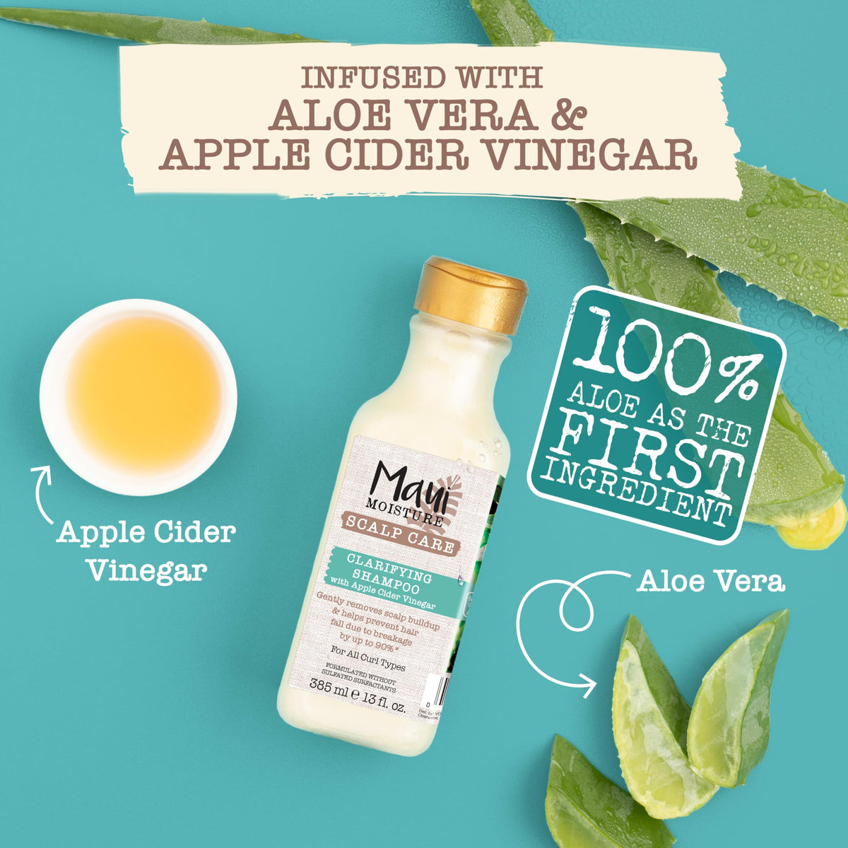 Maui Moisture Scalp Care Clarifying Shampoo with aloe vera and apple cider vinegar, 100% aloe as the first ingredient. Verified by CuratCart.