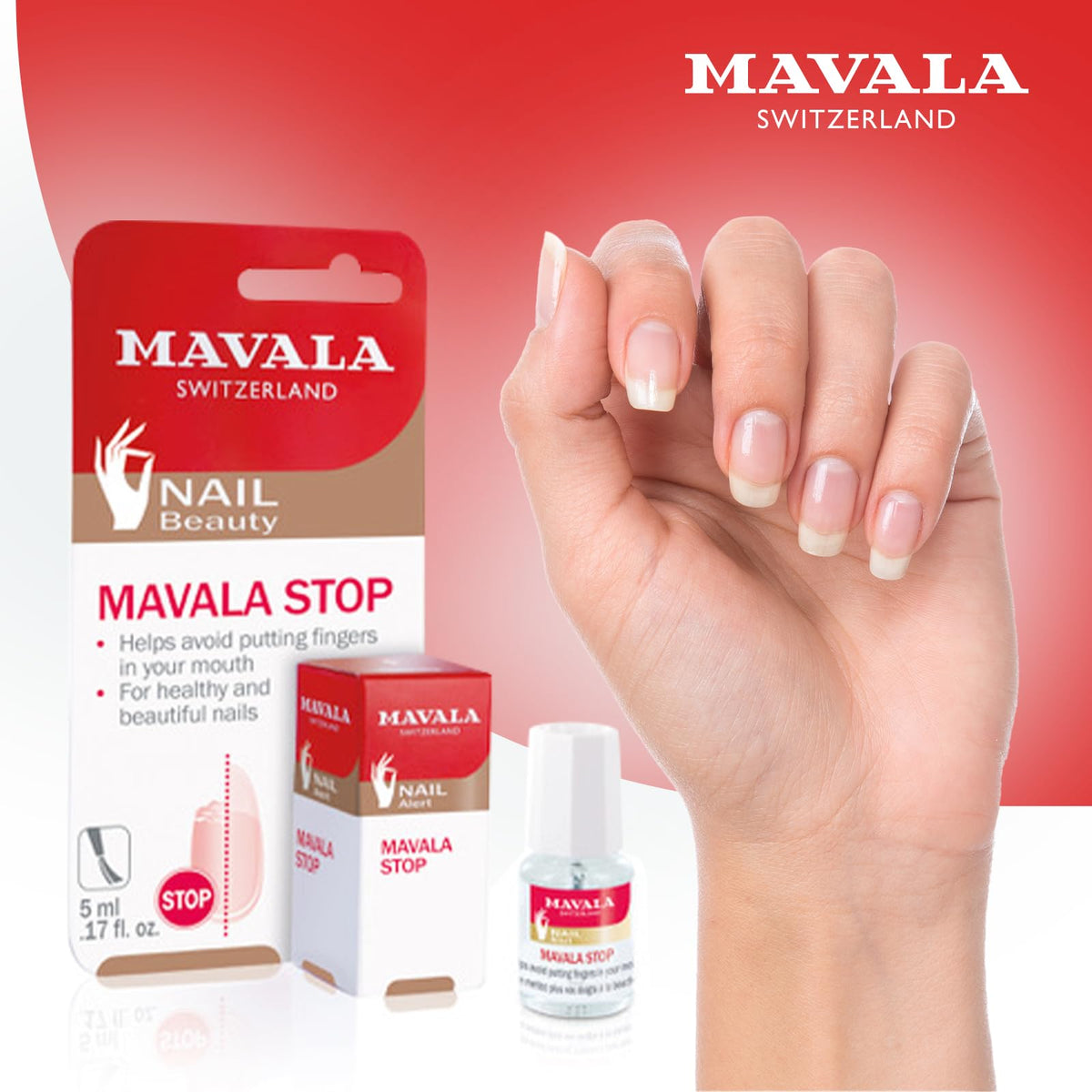 Original Mavala Stop treatment to prevent nail biting, featuring sleek packaging and a hand showcasing healthy nails.