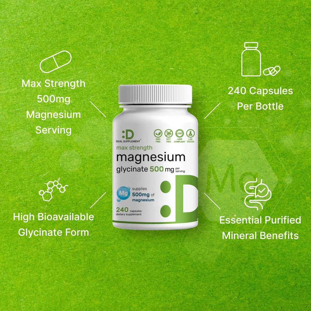 Max Strength Magnesium Glycinate 500 mg offers high bioavailability, curated for optimal health by Curat Cart. Exclusive benefits for wellness.