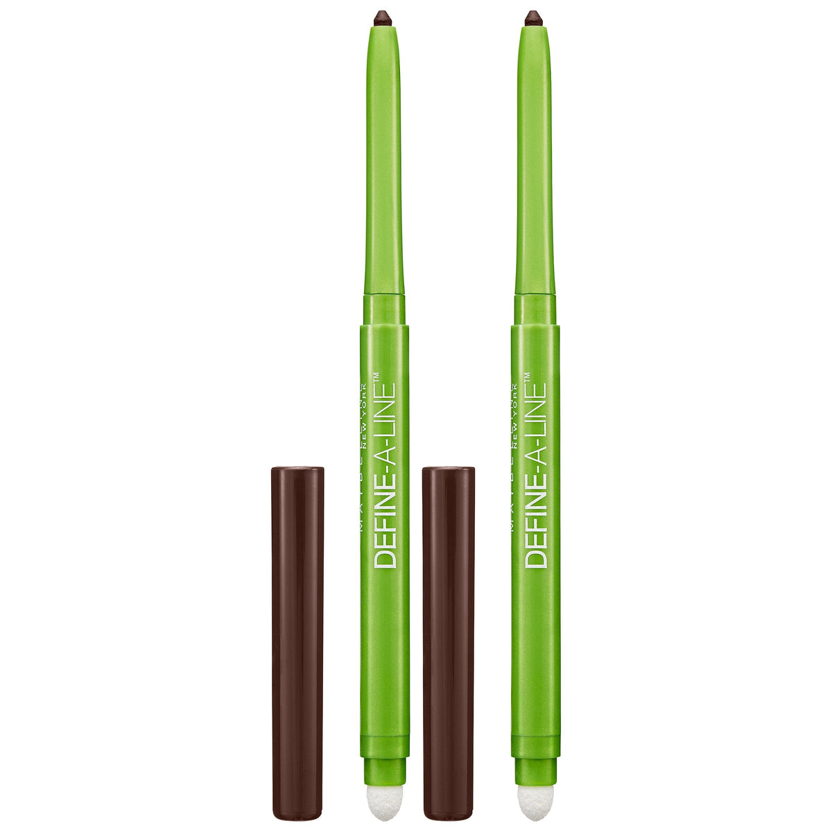 Authentic Maybelline Define-A-Line Eyeliner set featuring two pencils in vibrant green packaging. Perfect for precise lining.