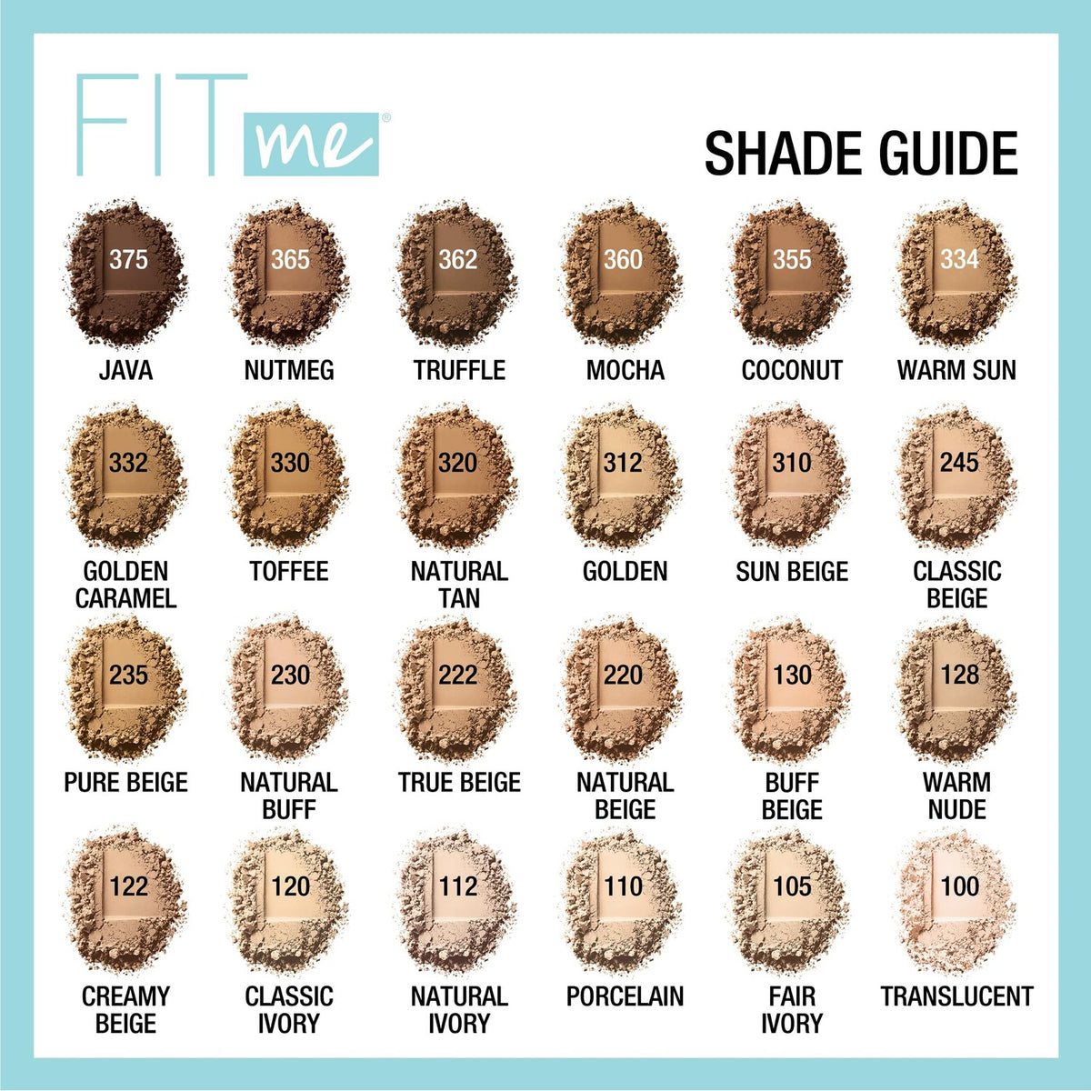 Explore the Maybelline Fit Me Matte Powder shade guide. Verified by CuratCart for quality assurance.