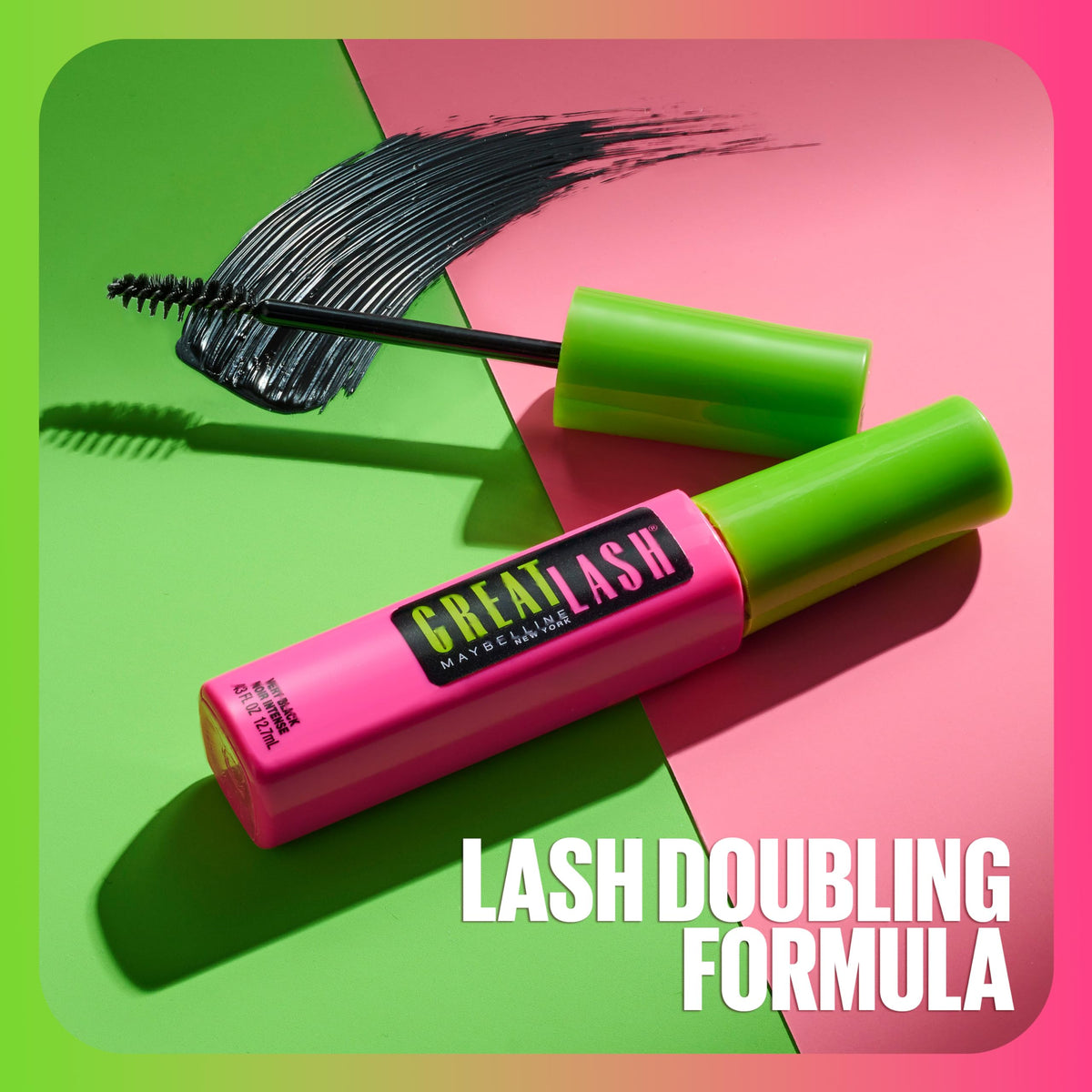 Maybelline Great Lash Mascara featuring original packaging, showcasing lash doubling formula with applicator brush.