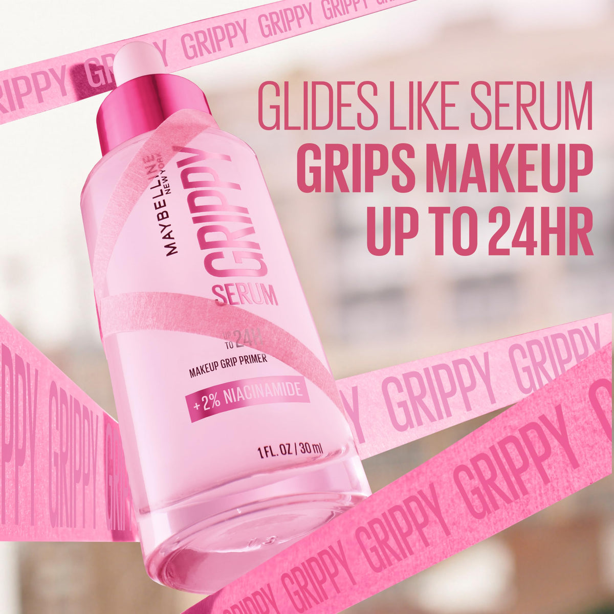 Premium imported Maybelline Grippy Serum Primer enhances makeup longevity with 2% Niacinamide, gripping for 24 hours.