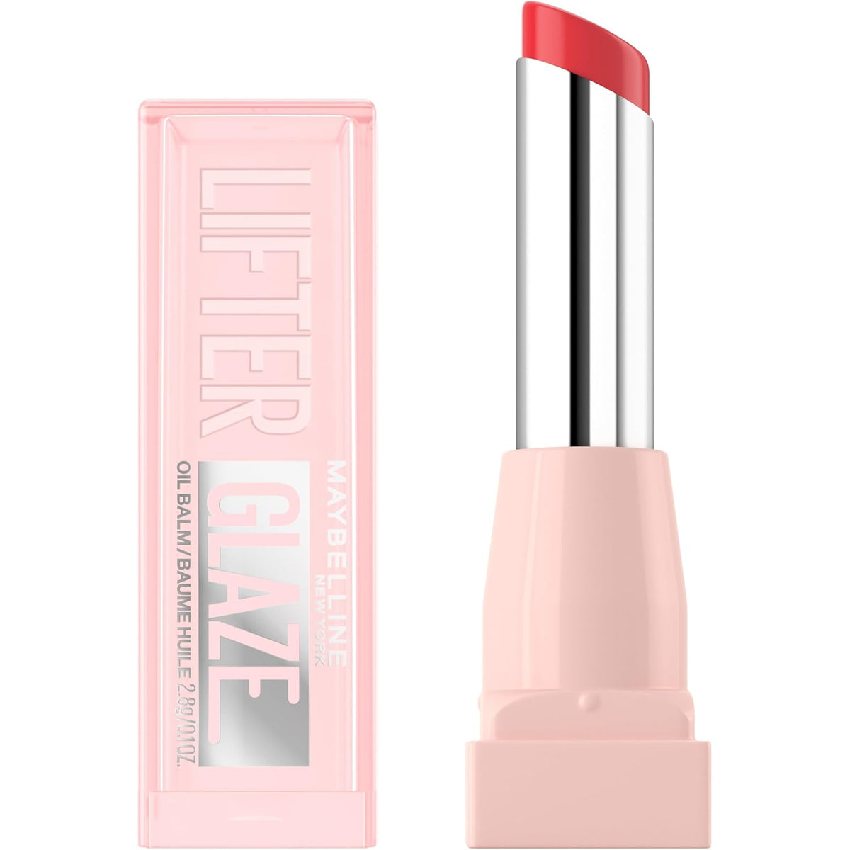 Maybelline Lifter Glaze Oil Balm in a sleek pink tube, showcasing a vibrant lip color for a glossy finish.