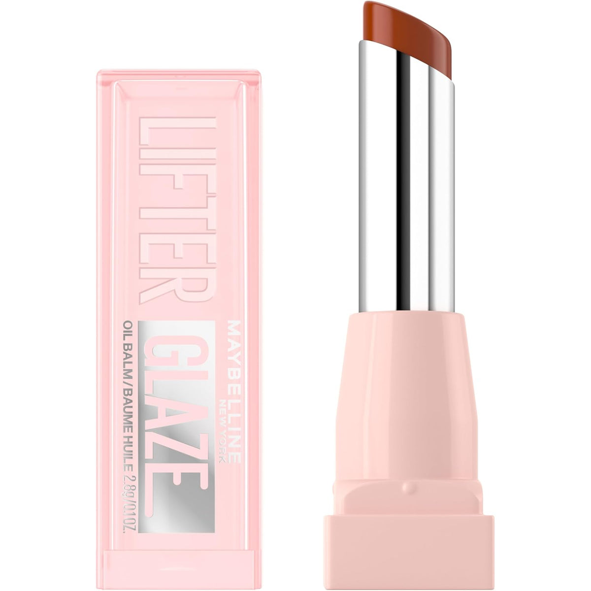 Official Maybelline Lifter Glaze Oil Balm in a pink tube, featuring a glistening formula for smooth, glossy lips.