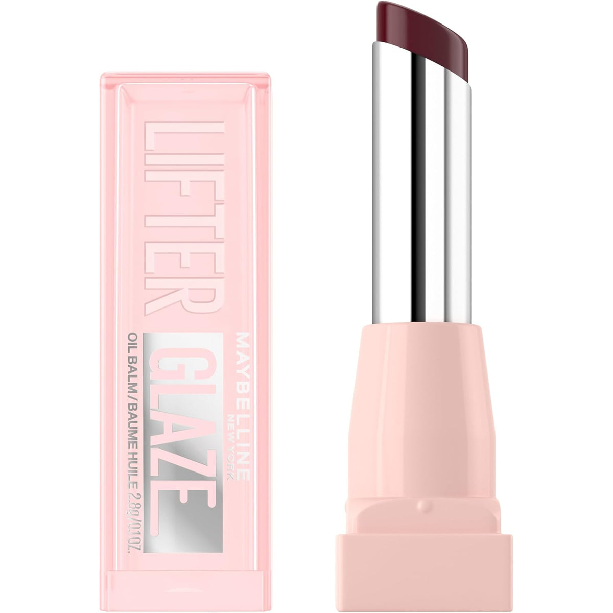 Authentic Maybelline Lifter Glaze Oil Balm in pink packaging, showcasing a deep berry shade for a glossy finish.