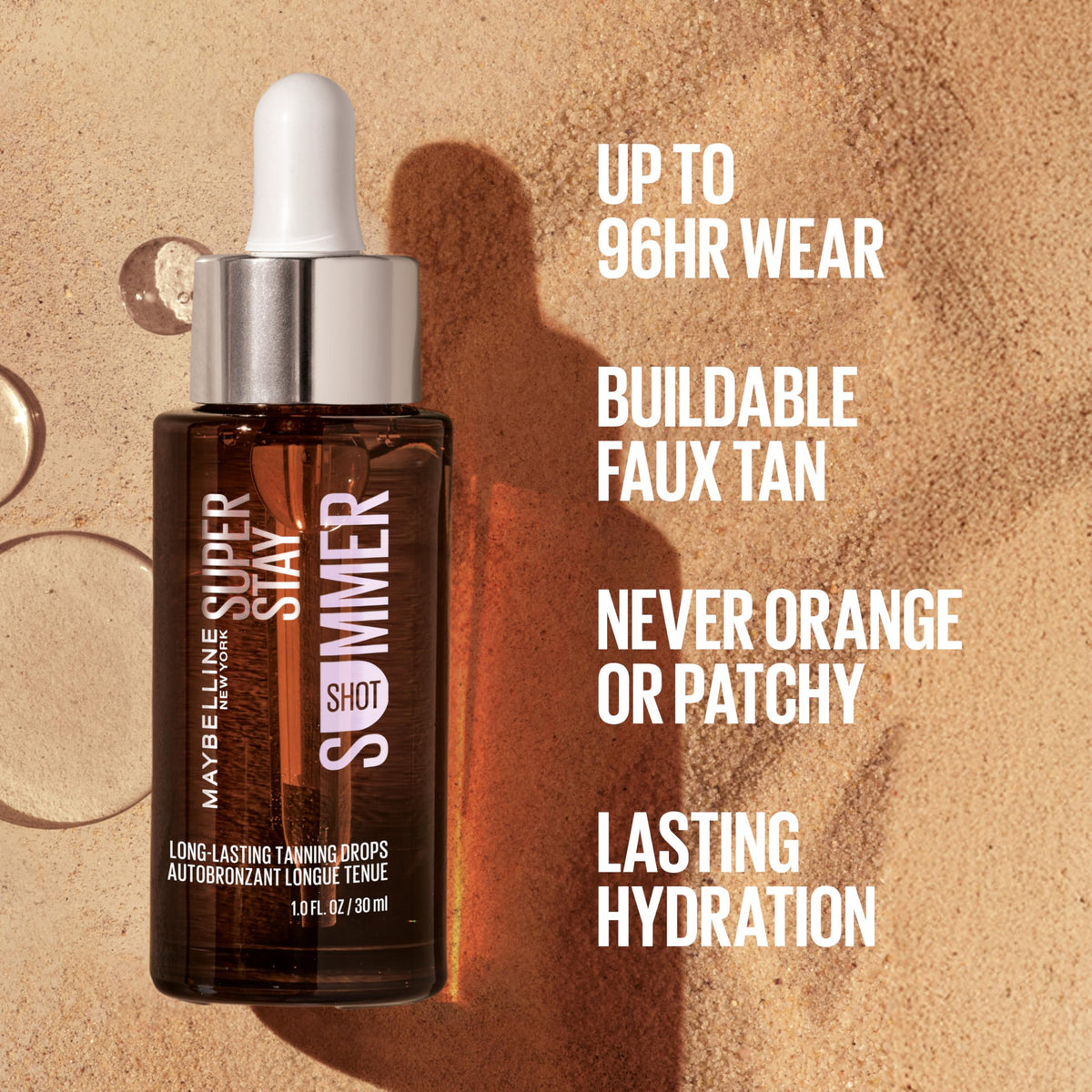 Maybelline Super Stay Tanning Drops in high-quality packaging, offering buildable faux tan and lasting hydration. Available at Curat Cart.