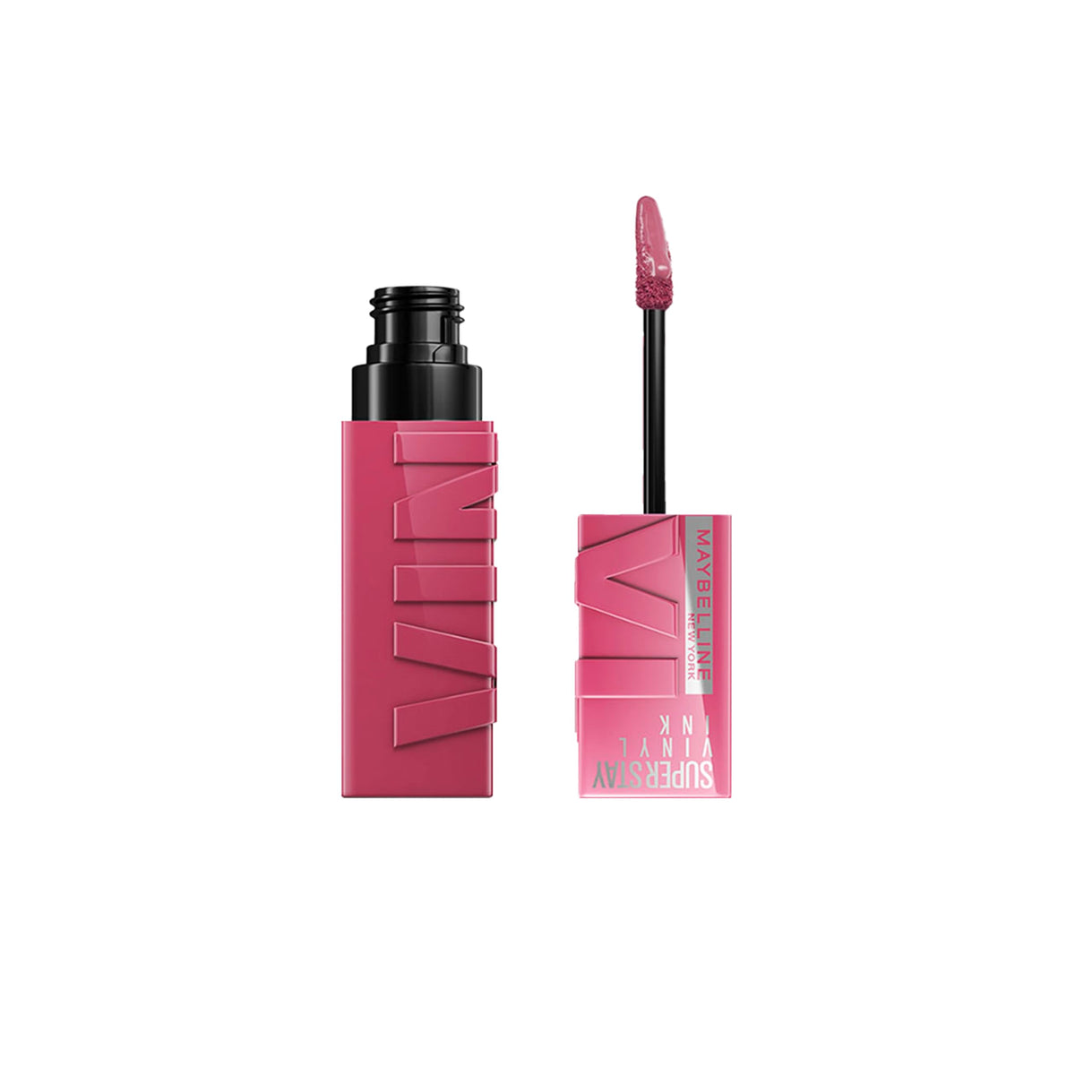 Maybelline Super Stay Vinyl Ink Lipcolor in vibrant pink, featuring sleek packaging and an applicator for easy use.