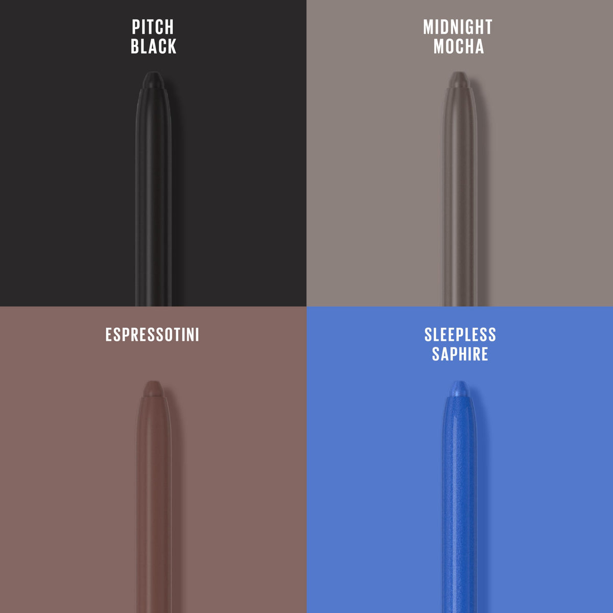 Maybelline Tattoo Studio Eyeliner showcasing four shades: Pitch Black, Midnight Mocha, Espressotini, and Sleepless Saphire.