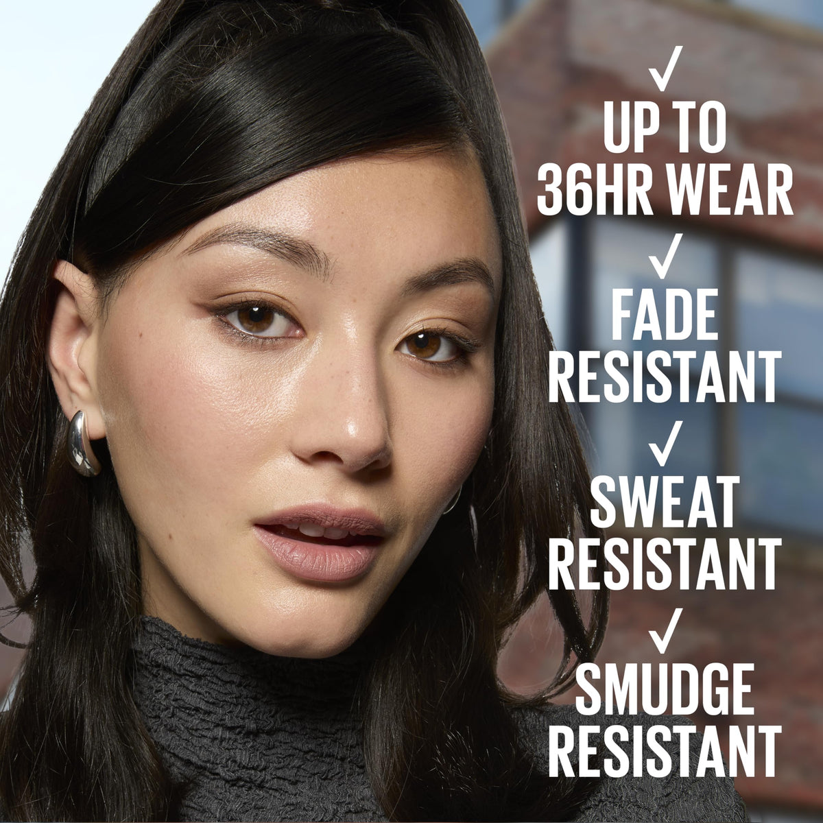 Model highlights Maybelline Tattoo Studio Eyeliner's benefits: 36hr wear, fade, sweat, and smudge resistance. Verified by CuratCart.