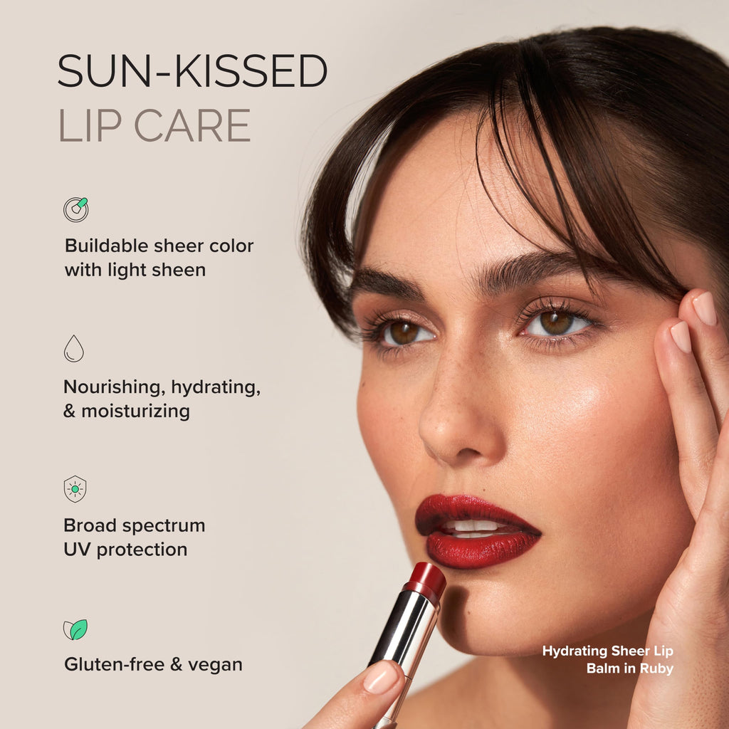 Tinted sheer lip balm in Ruby offers hydration, UV protection, and is gluten-free & vegan. Verified by CuratCart.