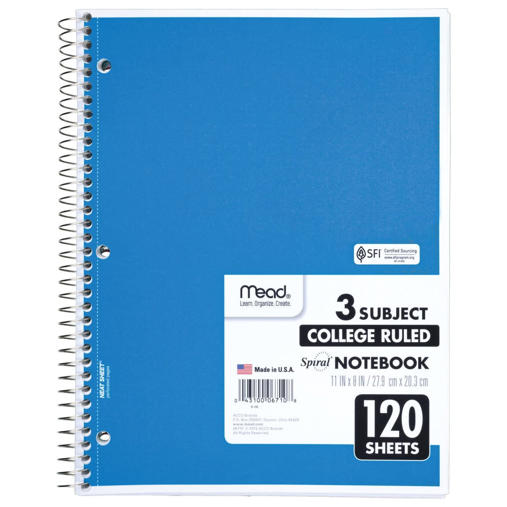 Discover the premium imported Mead Spiral Notebook 3 Subject, featuring 120 college-ruled sheets. Available at Curat Cart.