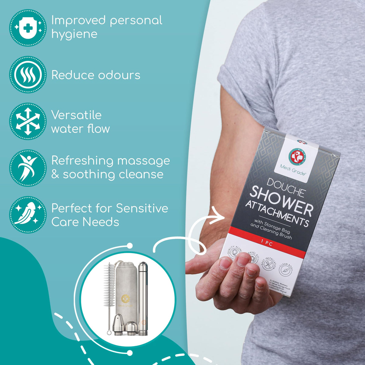 Discover the premium imported Medi Grade Shower Enema Kit for improved hygiene, versatile water flow, and sensitive care needs. Available at Curat Cart.