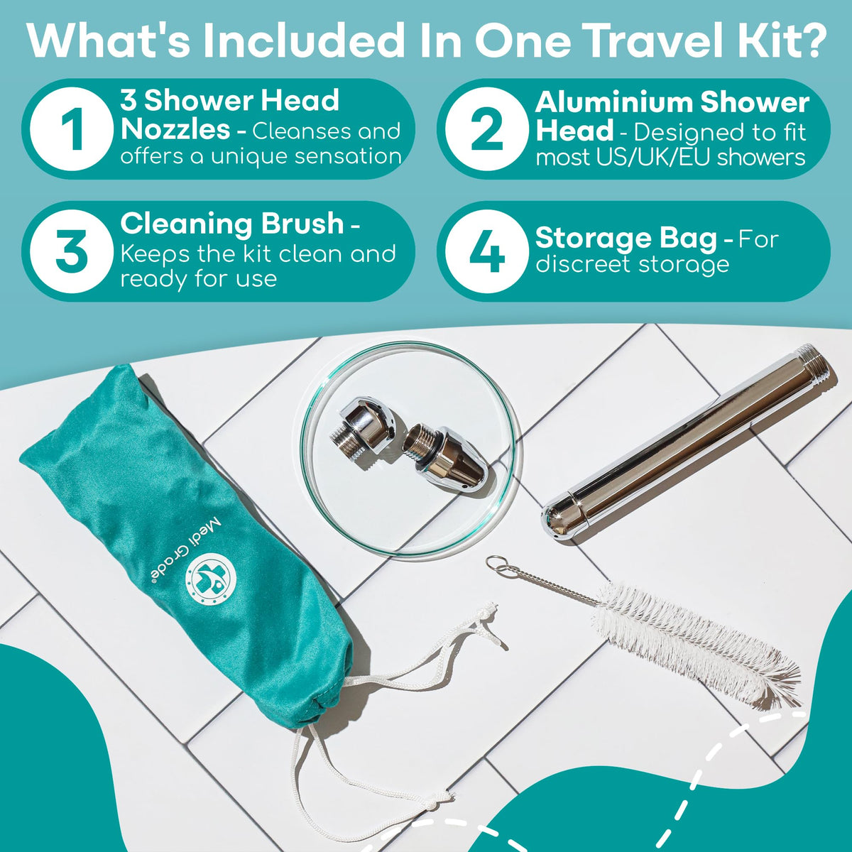 Medi Grade Shower Enema Kit includes nozzles, aluminum shower head, and storage bag. 100% Authentic, available at Curat Cart.
