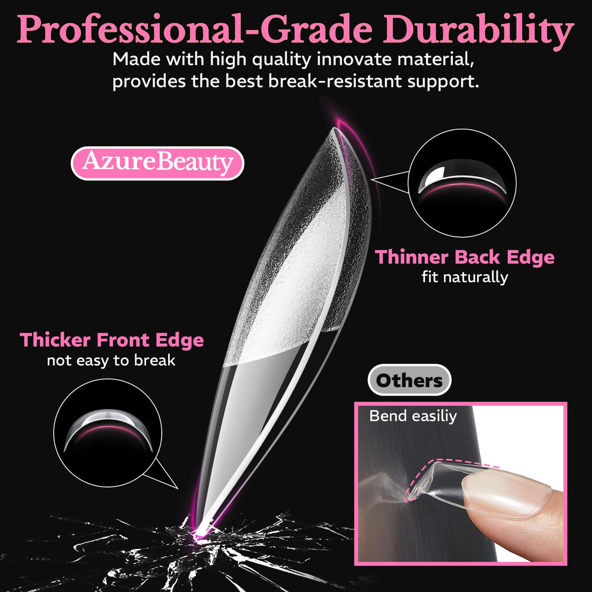 AzureBeauty medium almond nail tips in a 600pcs pack, showcasing professional-grade durability with a unique design for optimal fit.