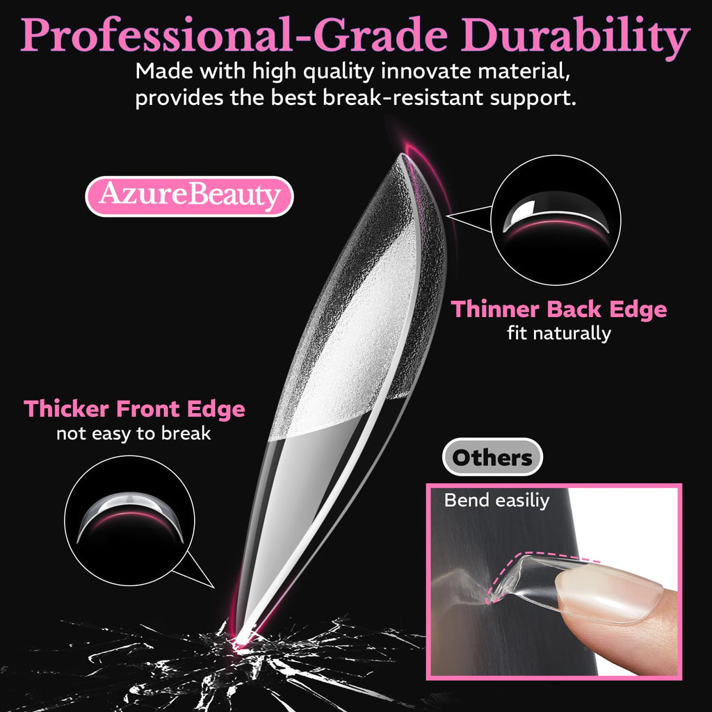 AzureBeauty Medium Almond Nail Tips in soft gel, 600 pieces. Durable, break-resistant design for professional results.