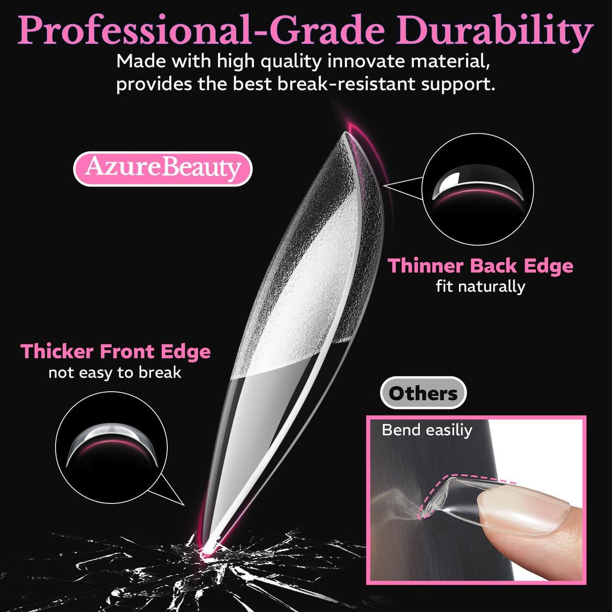AzureBeauty Medium Almond Nail Tips in soft gel, 600 pieces. Durable, break-resistant design for professional results.
