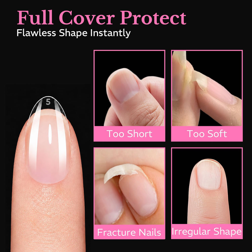 Premium imported medium almond nail tips, 600pcs soft gel. Ensures flawless shape and protection for all nail types.
