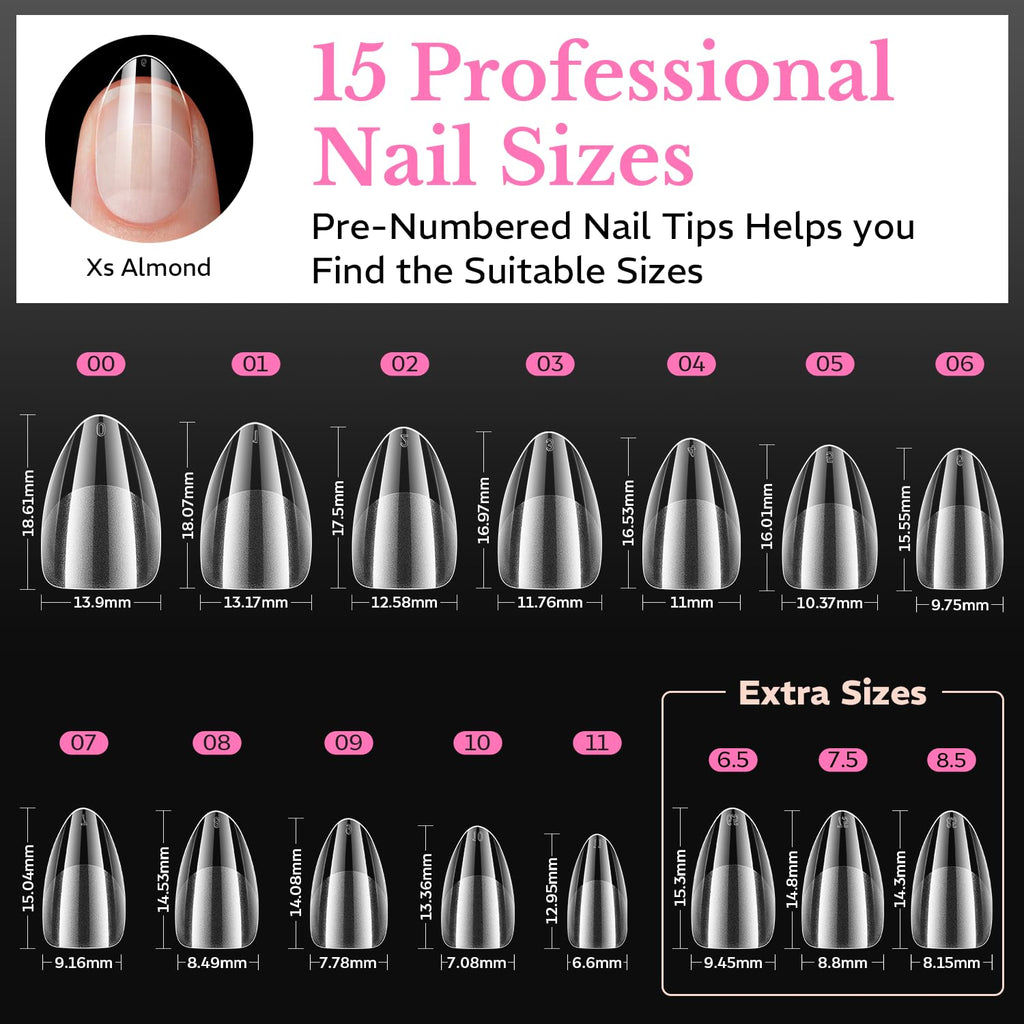 600pcs of soft gel medium almond nail tips in various sizes. Pre-numbered for easy selection. Verified by CuratCart.