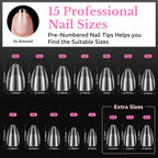 600pcs of soft gel medium almond nail tips in various sizes. Pre-numbered for easy selection. Verified by CuratCart.