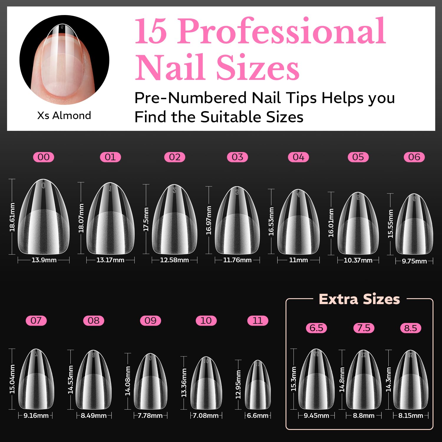 600pcs of soft gel medium almond nail tips in various sizes. Pre-numbered for easy selection. Verified by CuratCart.