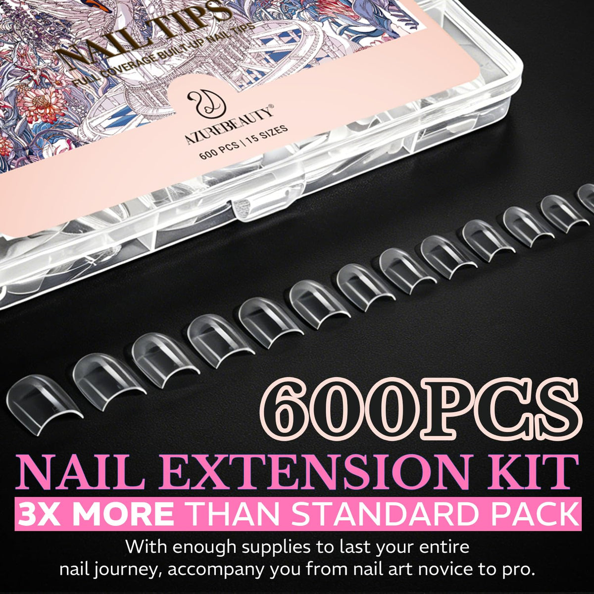 Soft gel medium almond nail tips in a clear case, 600 pieces, ideal for nail art enthusiasts. Verified by CuratCart.
