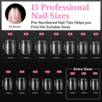Set of 600 medium almond nail tips in soft gel. Includes 15 pre-numbered sizes for easy selection and application.