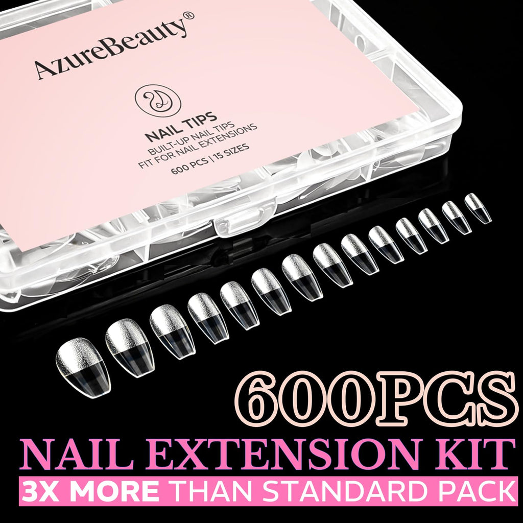 AzureBeauty Medium Almond Nail Tips in clear packaging, featuring 600 soft gel tips in 15 sizes for nail extensions.