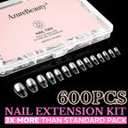 AzureBeauty Medium Almond Nail Tips in clear packaging, featuring 600 soft gel tips in 15 sizes for nail extensions.