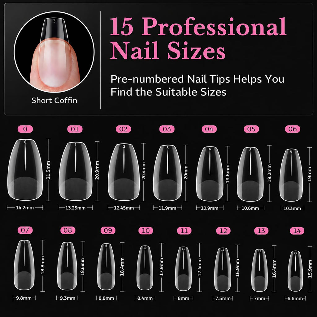 Shop 600pcs medium almond nail tips, featuring 15 sizes for a perfect fit. Available now for online order!