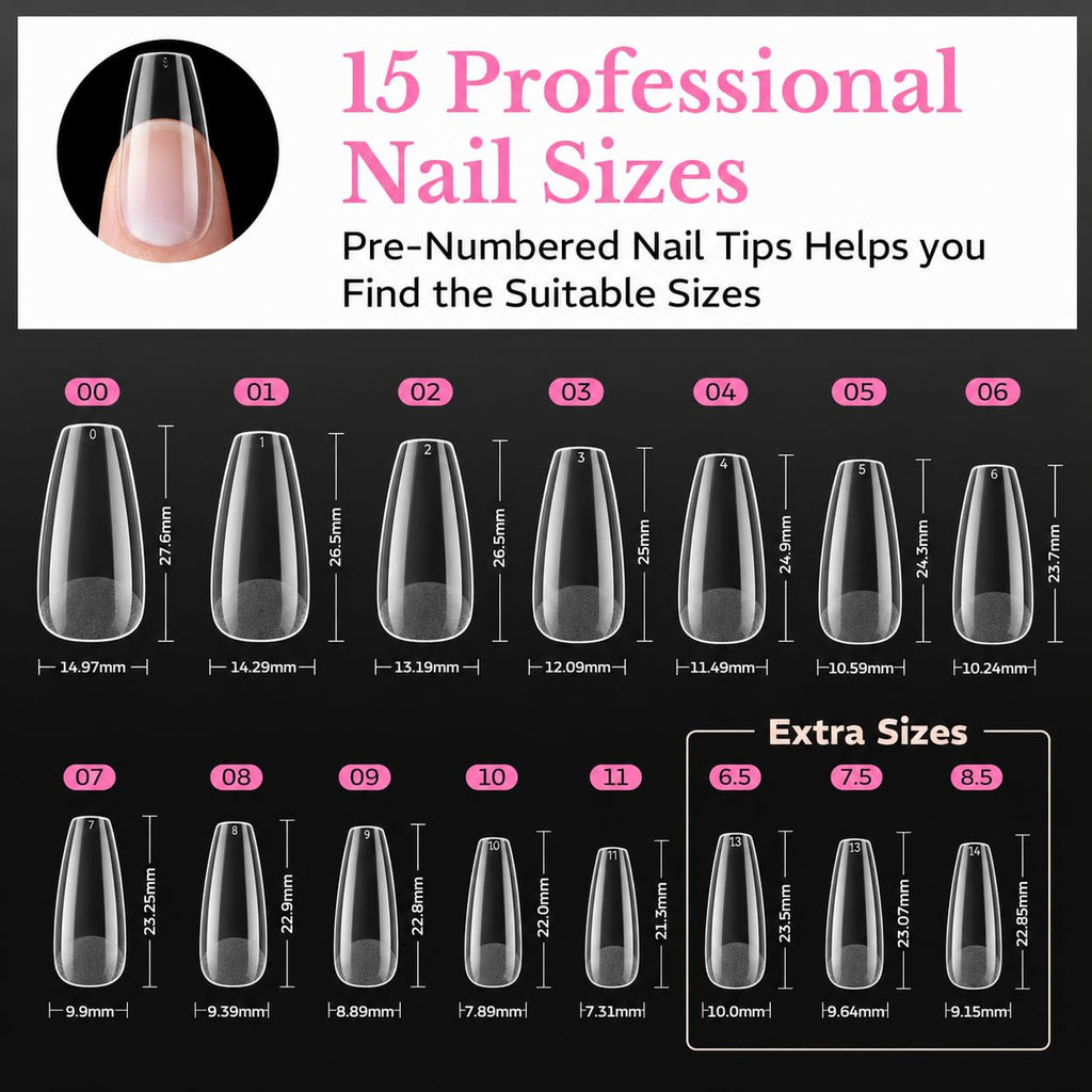 Premium imported soft gel medium almond nail tips, 600 pieces in 15 sizes for perfect nail applications.