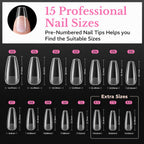 Premium imported soft gel medium almond nail tips, 600 pieces in 15 sizes for perfect nail applications.