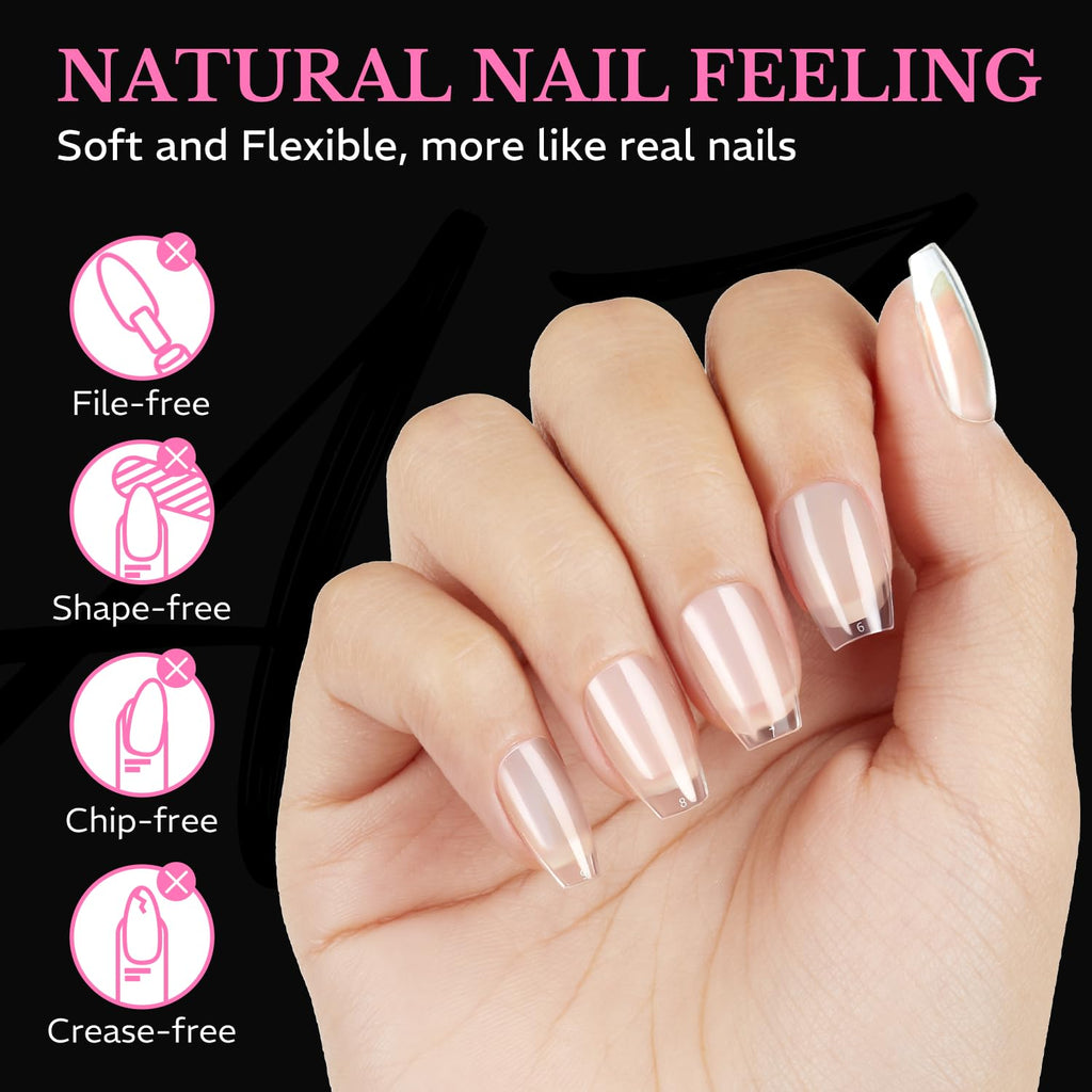 600 pieces of medium almond nail tips designed for a natural nail feeling. Soft, flexible, and easy to apply with file-free, shape-free, and chip-free features.