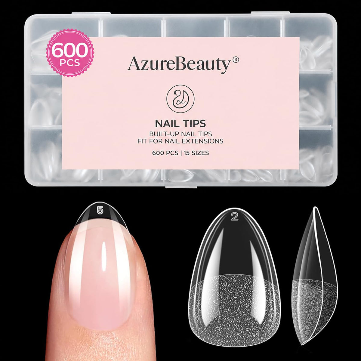 AzureBeauty Medium Almond Nail Tips, 600pcs with 15 sizes in a clear storage case. Ideal for nail extensions. Verified by CuratCart.