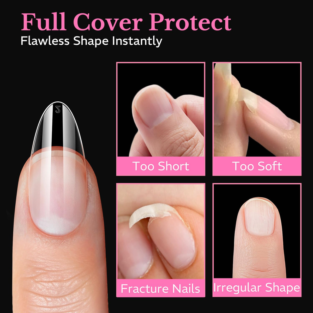 A set of 600pcs medium almond soft gel nail tips, showcasing flawless shapes, ideal for various nail enhancements.