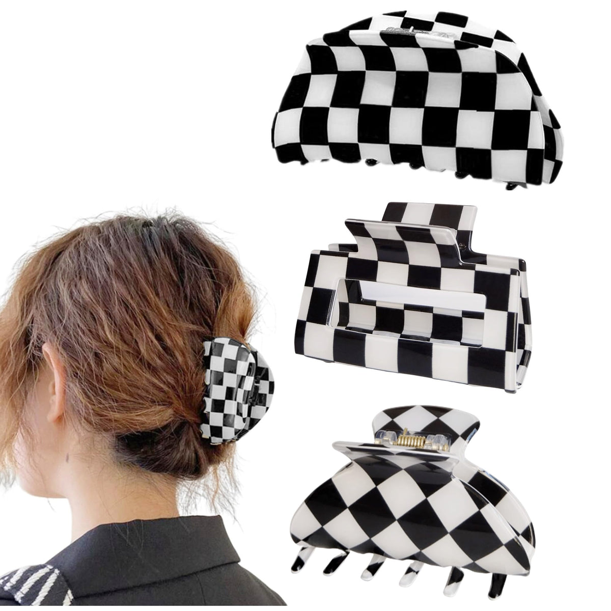 Three medium-sized claw hair clips for women and girls, featuring a chic black and white checkerboard design.