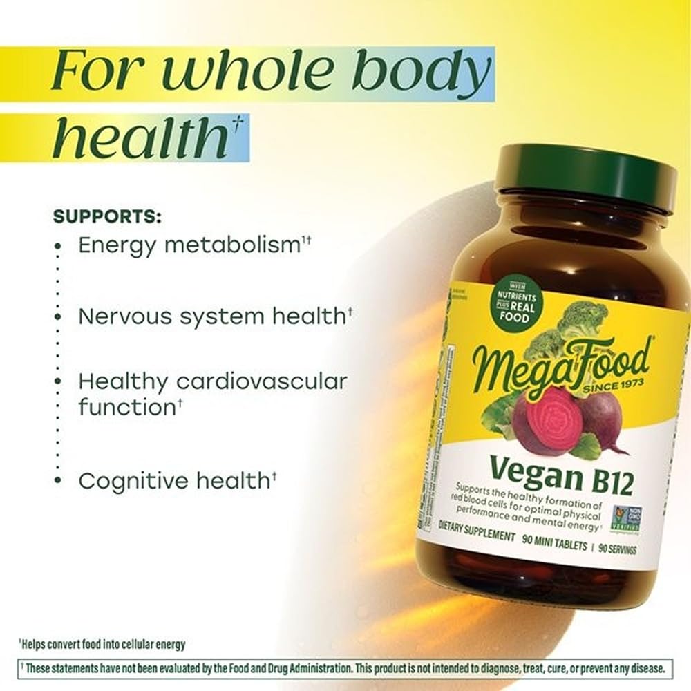 MegaFood Vegan Vitamin B12 in high-quality packaging supports energy metabolism and cognitive health. Available at Curat Cart.